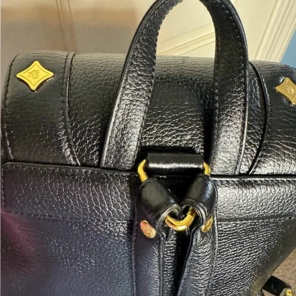 MCM Gold Studded Logo Black Pebbled Leather Backpack Tasseled Drawstring - Picture 5 of 15